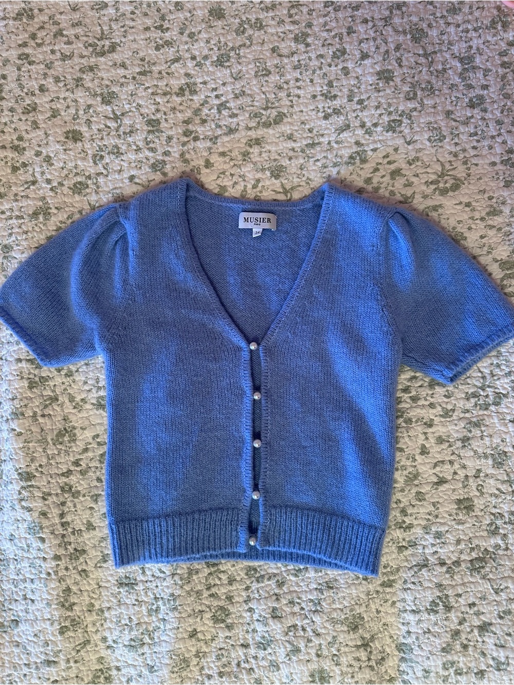 MUSIER Blue Short Sleeve Knit Cardigan
